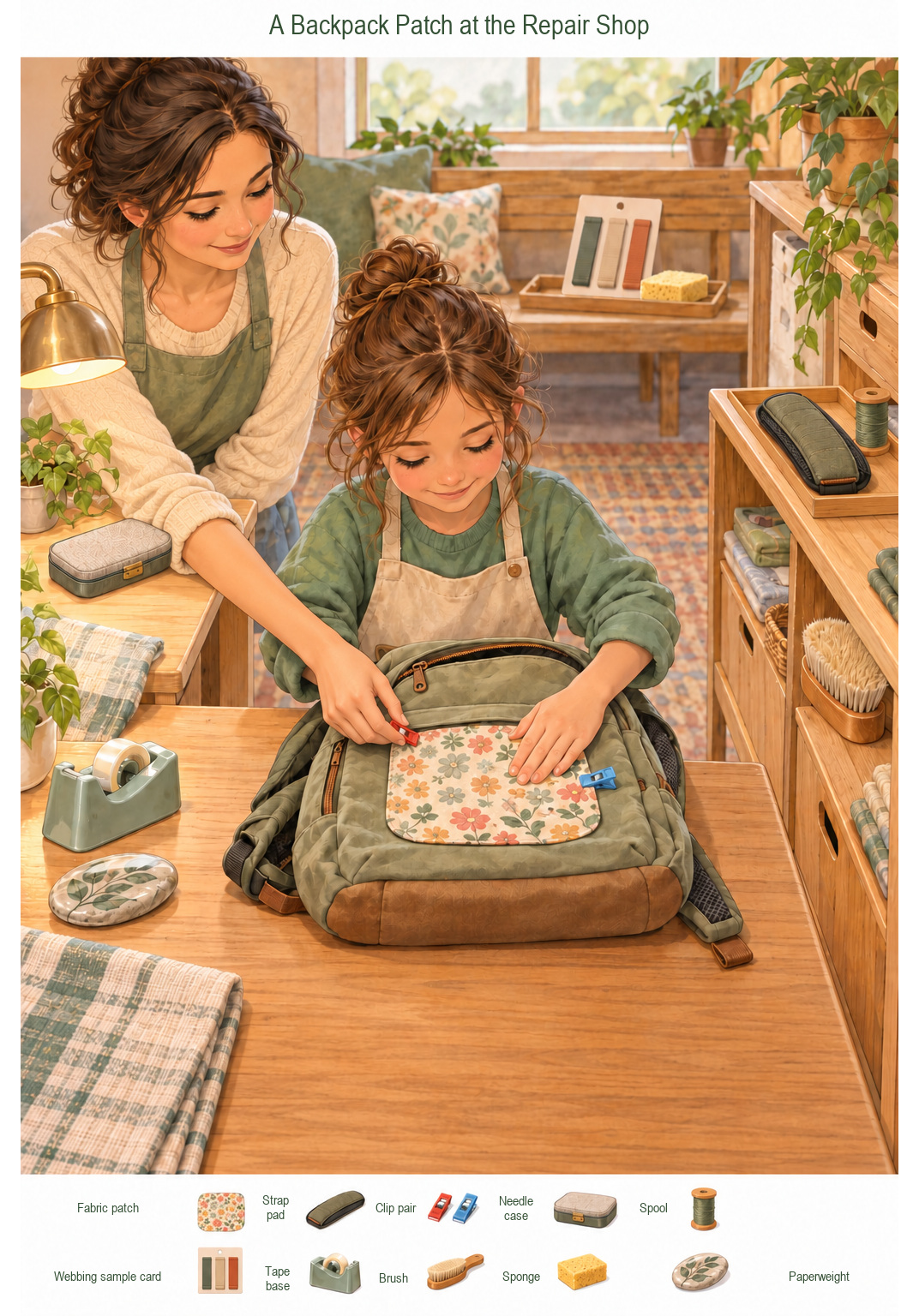A Backpack Patch at the Repair Shop – full-color hidden picture puzzle with 10 objects to find