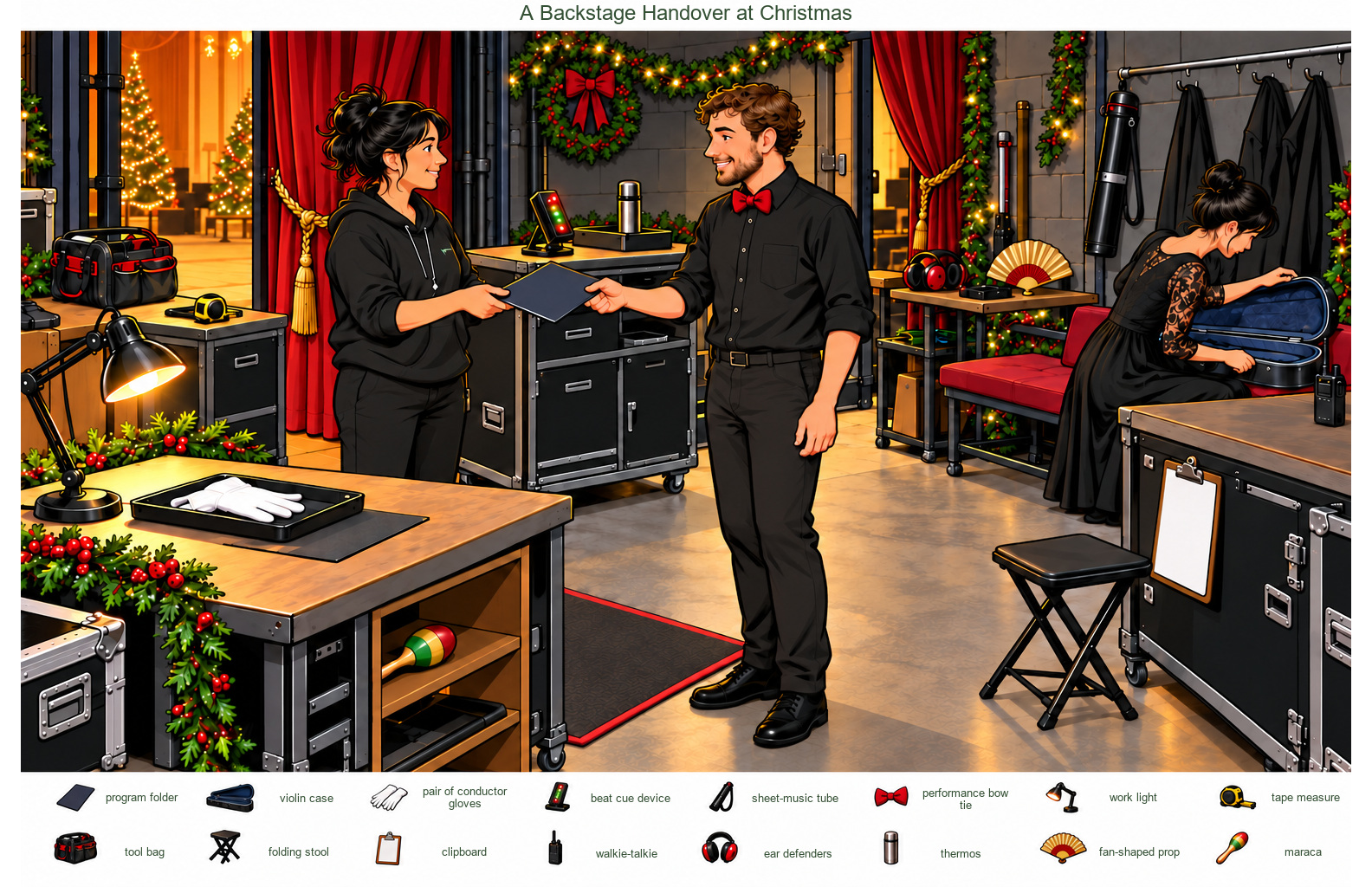A Backstage Handover at Christmas – full-color hidden picture puzzle with 16 objects to find