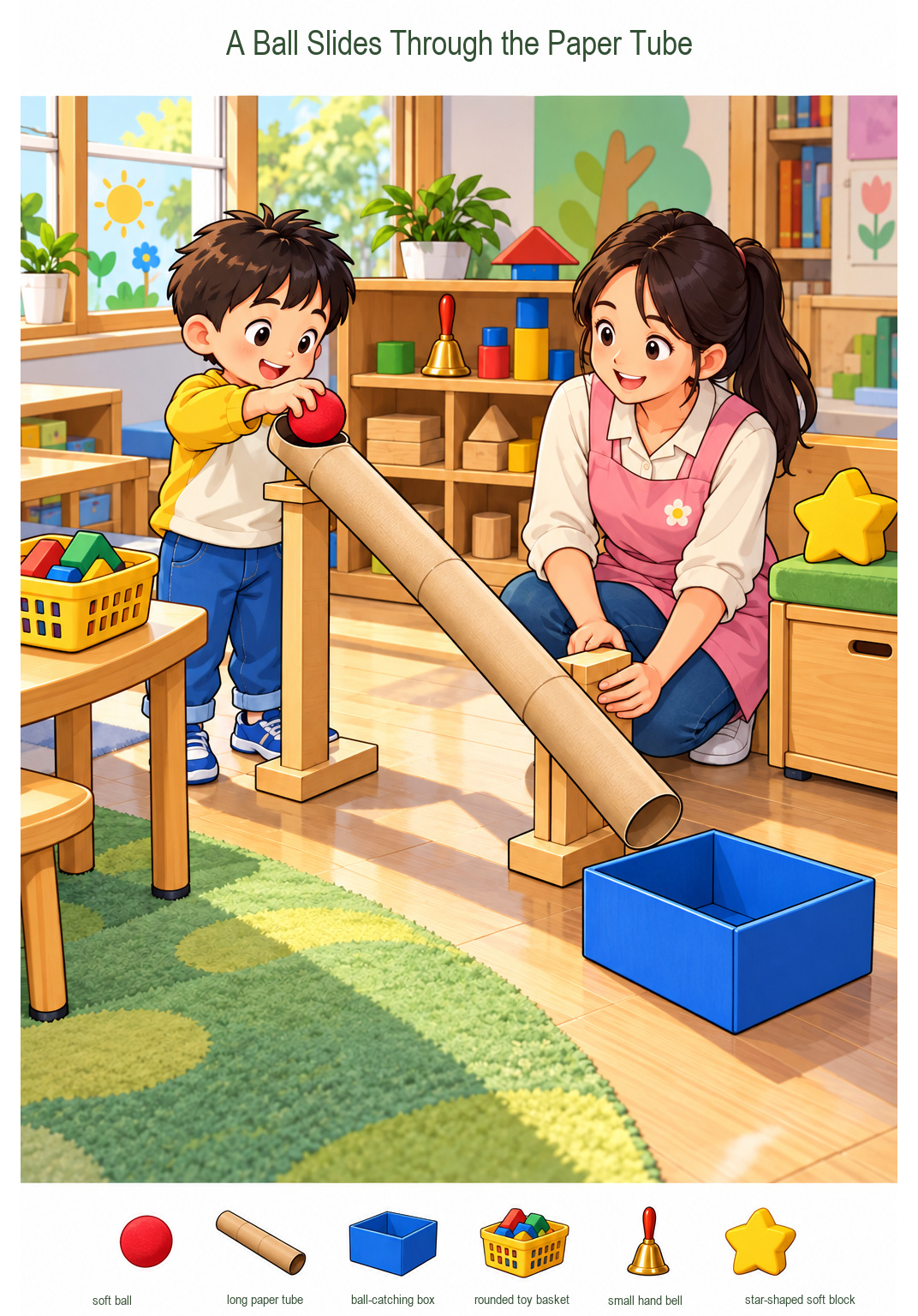 A Ball Slides Through the Paper Tube – full-color hidden picture puzzle with 6 objects to find