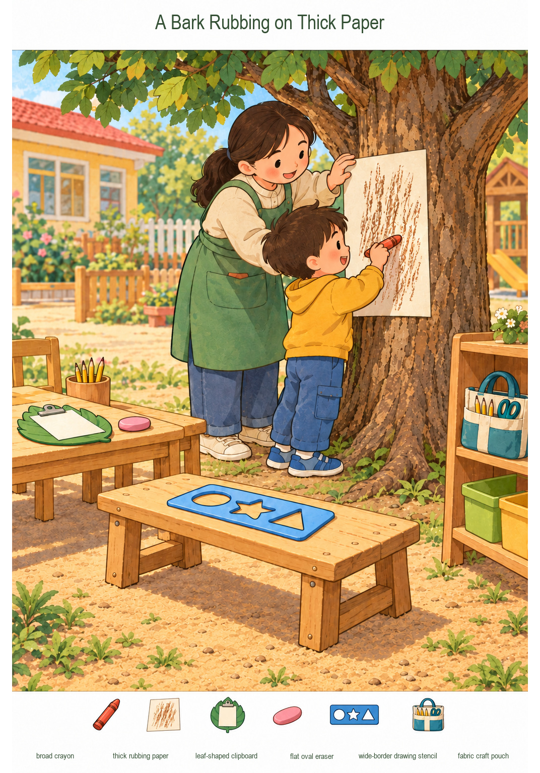 A Bark Rubbing on Thick Paper – full-color hidden picture puzzle with 6 objects to find