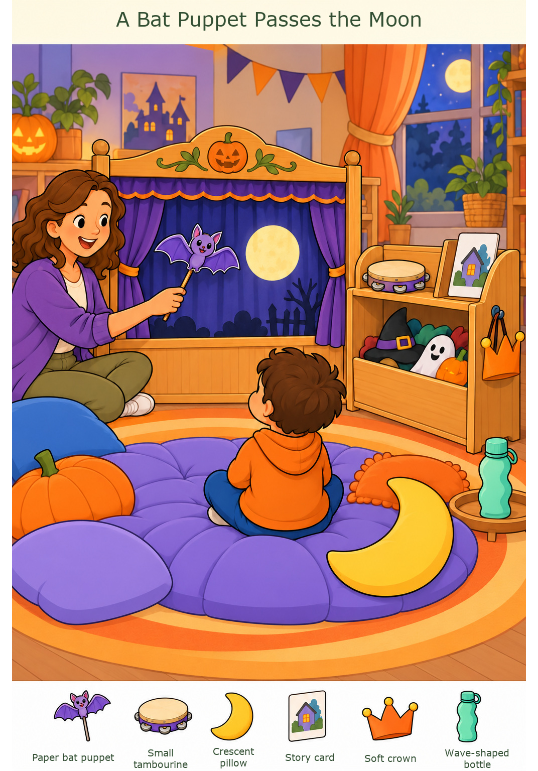 A Bat Puppet Passes the Moon – full-color hidden picture puzzle with 6 objects to find