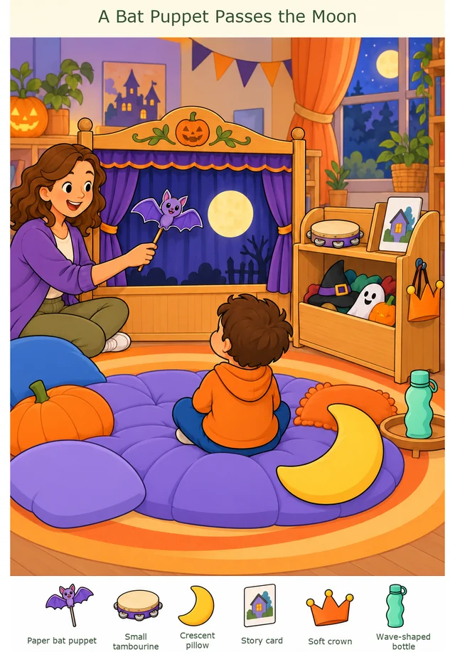 A Bat Puppet Passes the Moon colorful hidden picture puzzle preview
