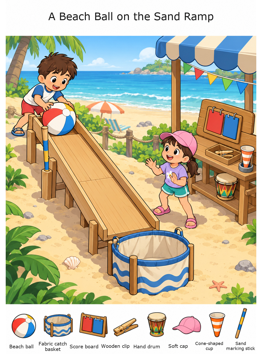 A Beach Ball on the Sand Ramp – full-color hidden picture puzzle with 8 objects to find