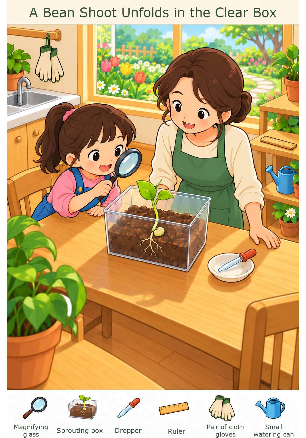 A Bean Shoot Unfolds in the Clear Box – full-color hidden picture puzzle with 6 objects to find