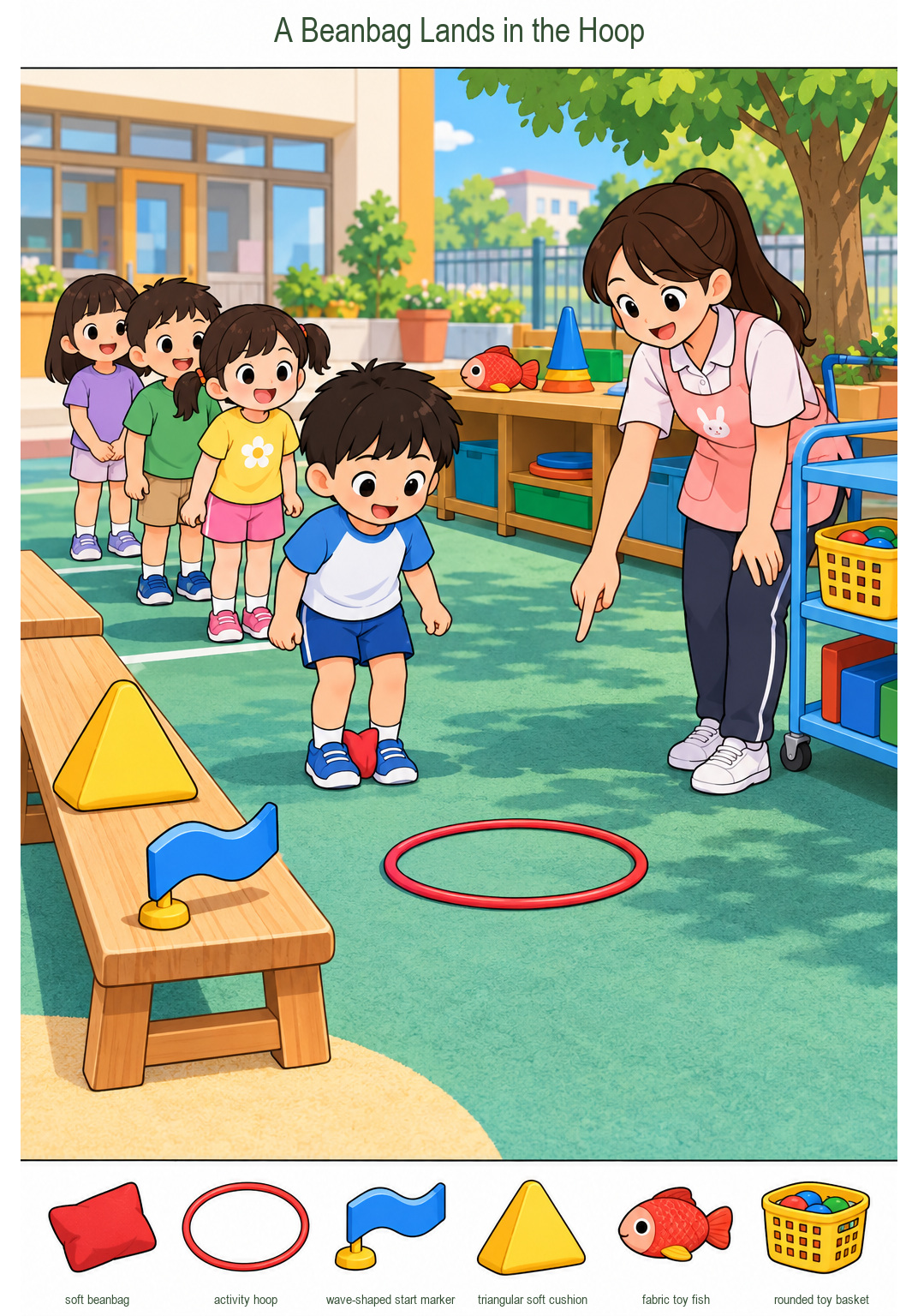 A Beanbag Lands in the Hoop – full-color hidden picture puzzle with 6 objects to find