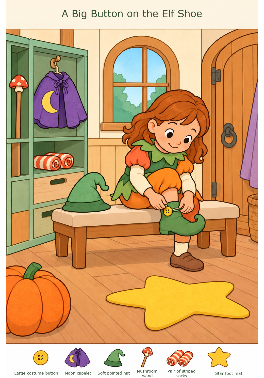 A Big Button on the Elf Shoe – full-color hidden picture puzzle with 6 objects to find