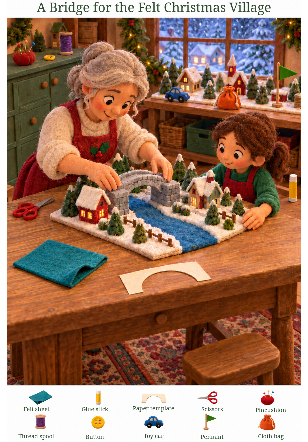 A Bridge for the Felt Christmas Village – full-color hidden picture puzzle with 10 objects to find
