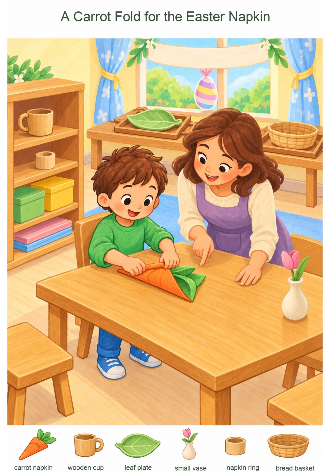 A Carrot Fold for the Easter Napkin – full-color hidden picture puzzle with 6 objects to find