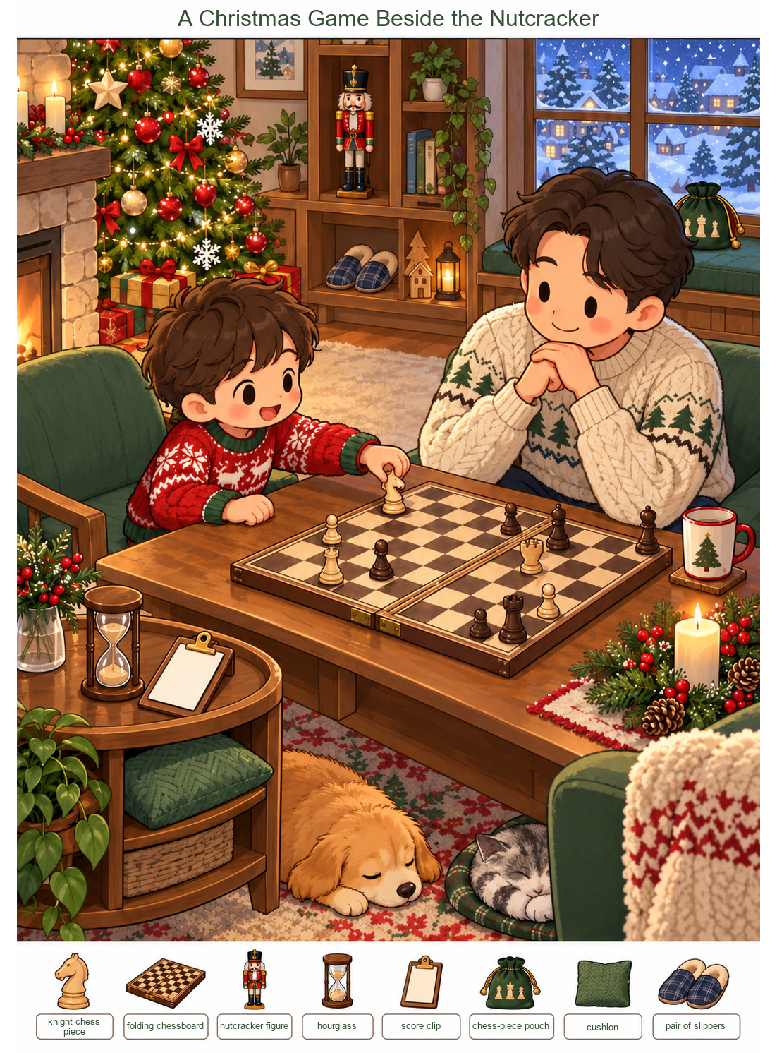 A Christmas Game Beside the Nutcracker – full-color hidden picture puzzle with 8 objects to find