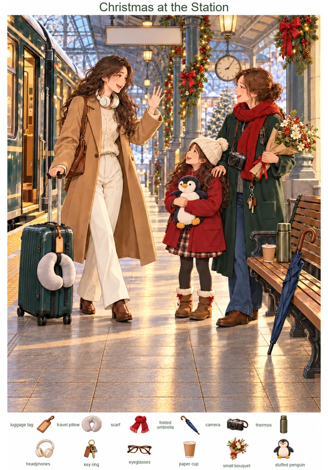 A Christmas Reunion on the Train Platform colorful hidden picture puzzle preview