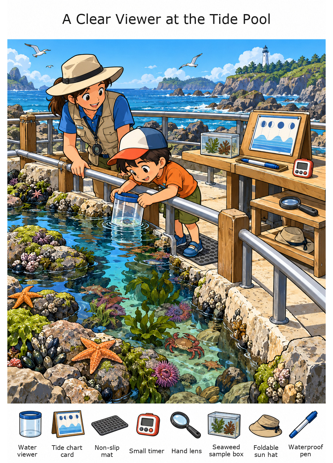 A Clear Viewer at the Tide Pool – full-color hidden picture puzzle with 8 objects to find