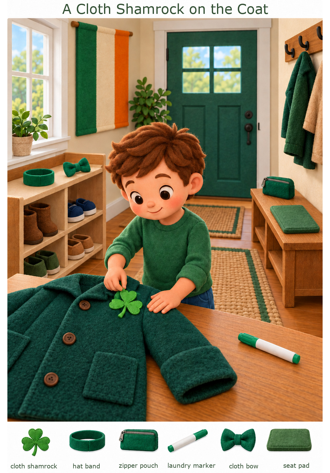 A Cloth Shamrock on the Coat – full-color hidden picture puzzle with 6 objects to find