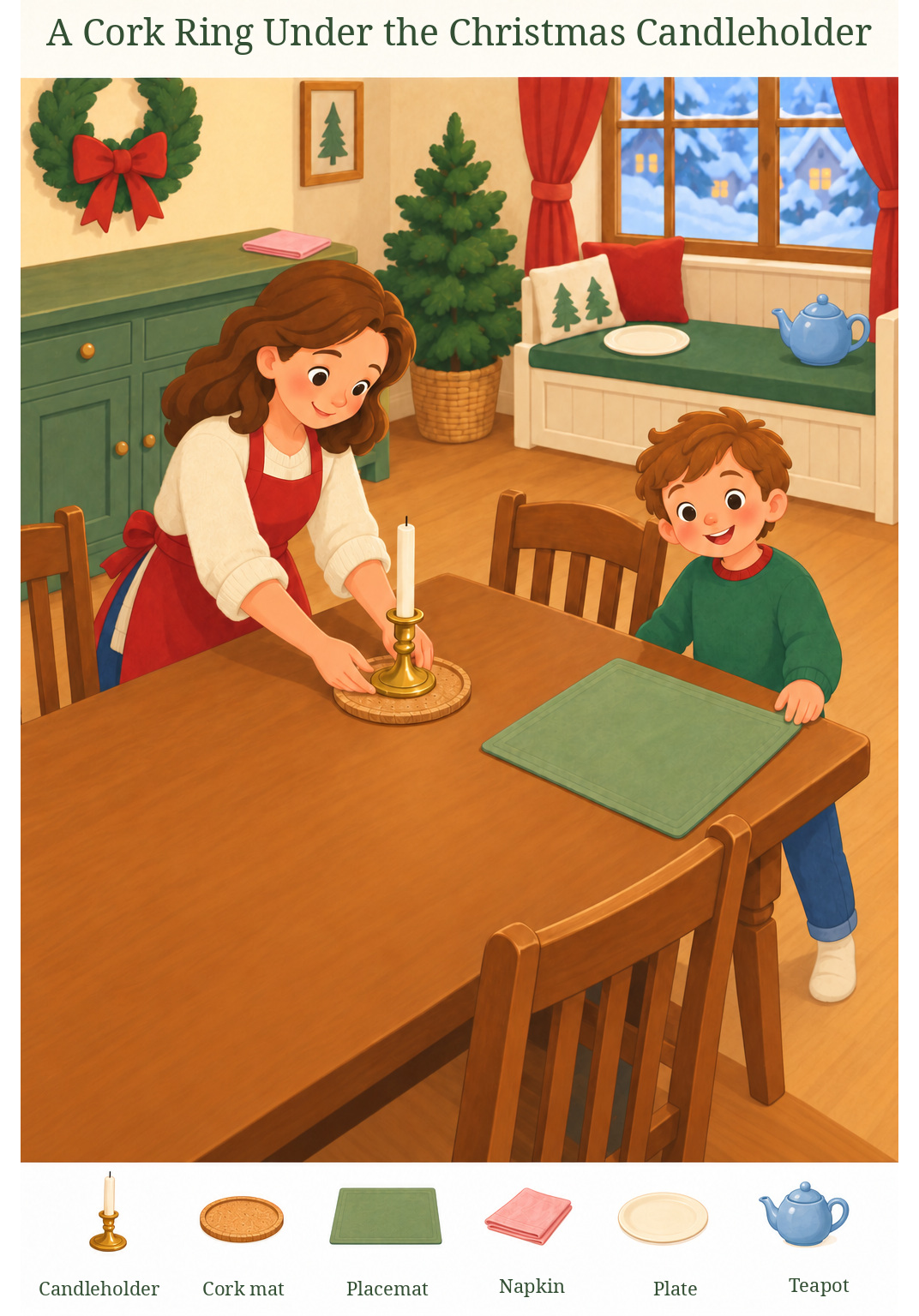 A Cork Ring Under the Christmas Candleholder – full-color hidden picture puzzle with 6 objects to find