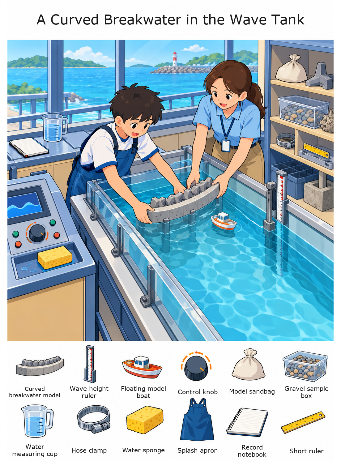 A Curved Breakwater in the Wave Tank – full-color hidden picture puzzle with 12 objects to find