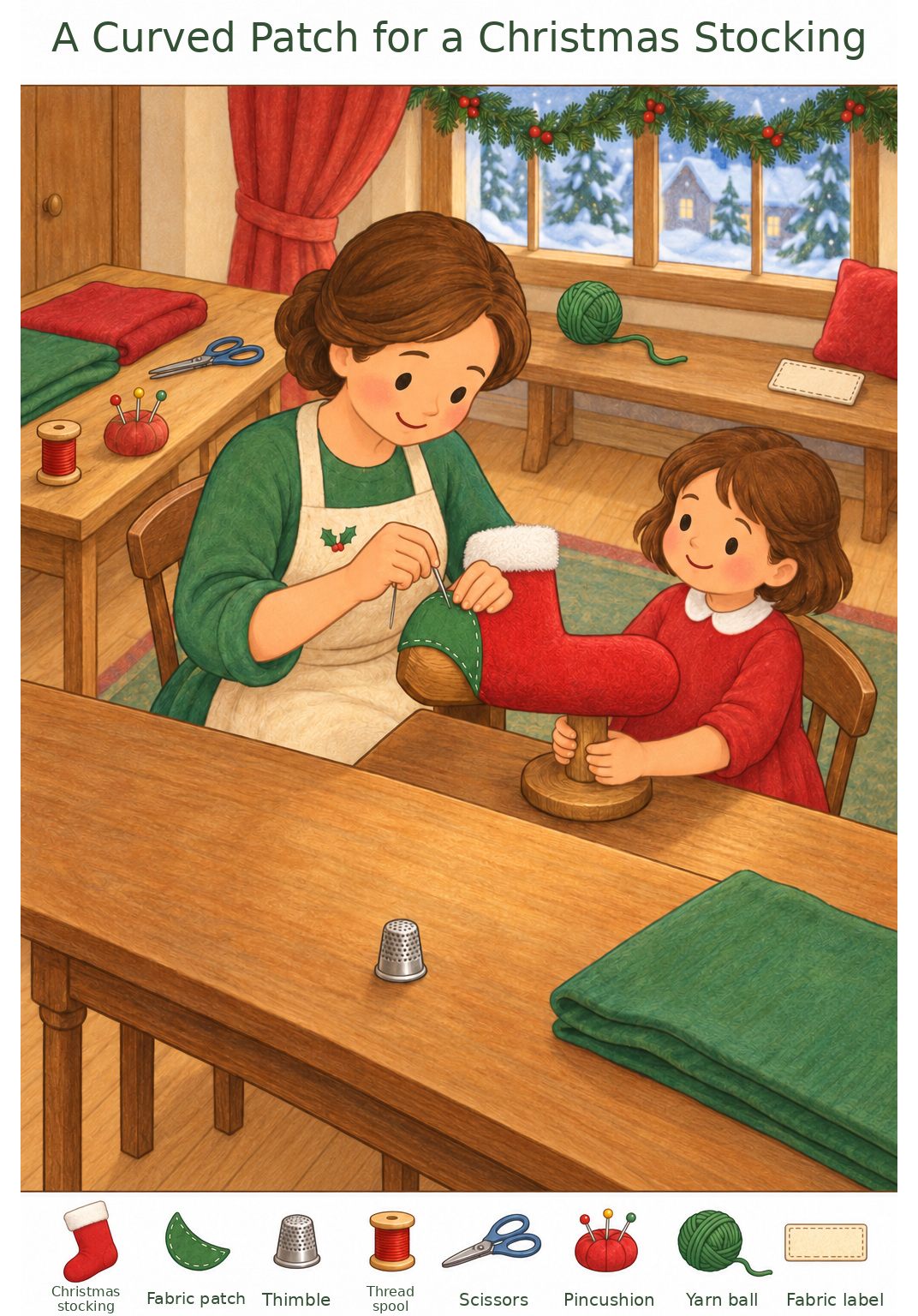A Curved Patch for a Christmas Stocking – full-color hidden picture puzzle with 8 objects to find