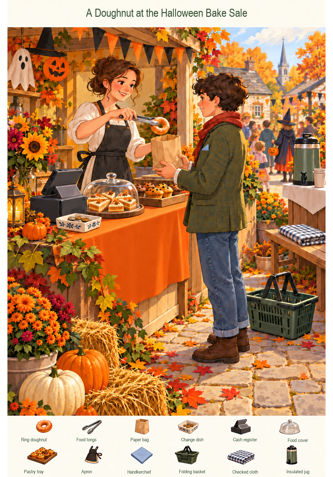 A Doughnut at the Halloween Bake Sale – full-color hidden picture puzzle with 12 objects to find