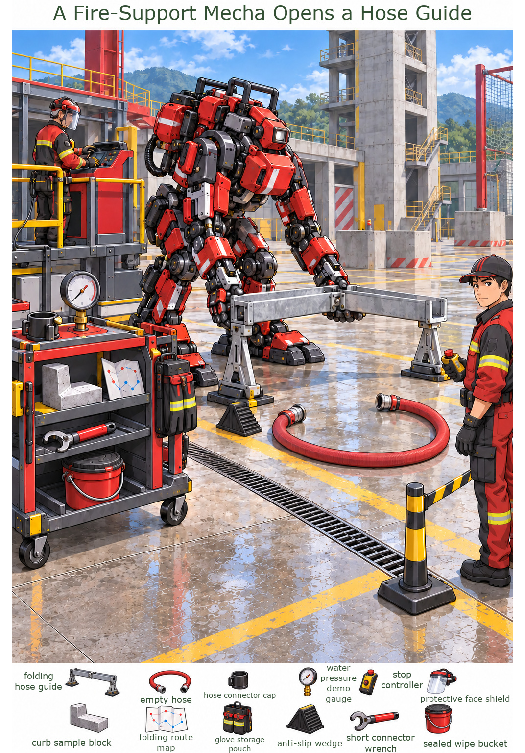 A Fire-Support Mecha Opens a Hose Guide – full-color hidden picture puzzle with 12 objects to find