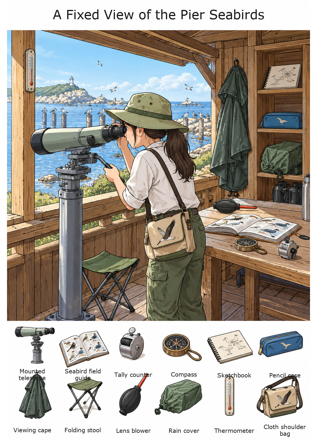 A Fixed View of the Pier Seabirds – full-color hidden picture puzzle with 12 objects to find