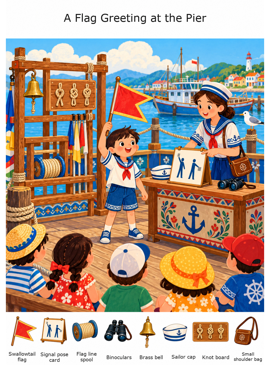 A Flag Greeting at the Pier – full-color hidden picture puzzle with 8 objects to find