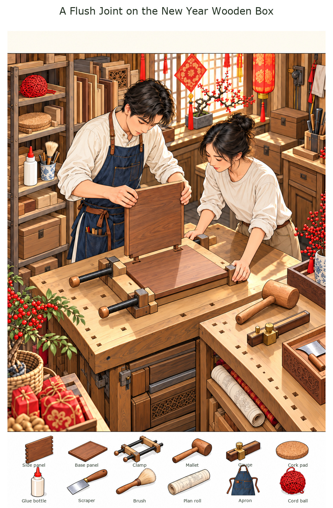 A Flush Joint on the New Year Wooden Box – full-color hidden picture puzzle with 12 objects to find