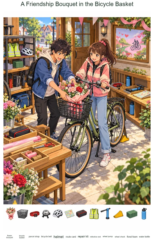A Friendship Bouquet in the Bicycle Basket colorful hidden picture puzzle preview