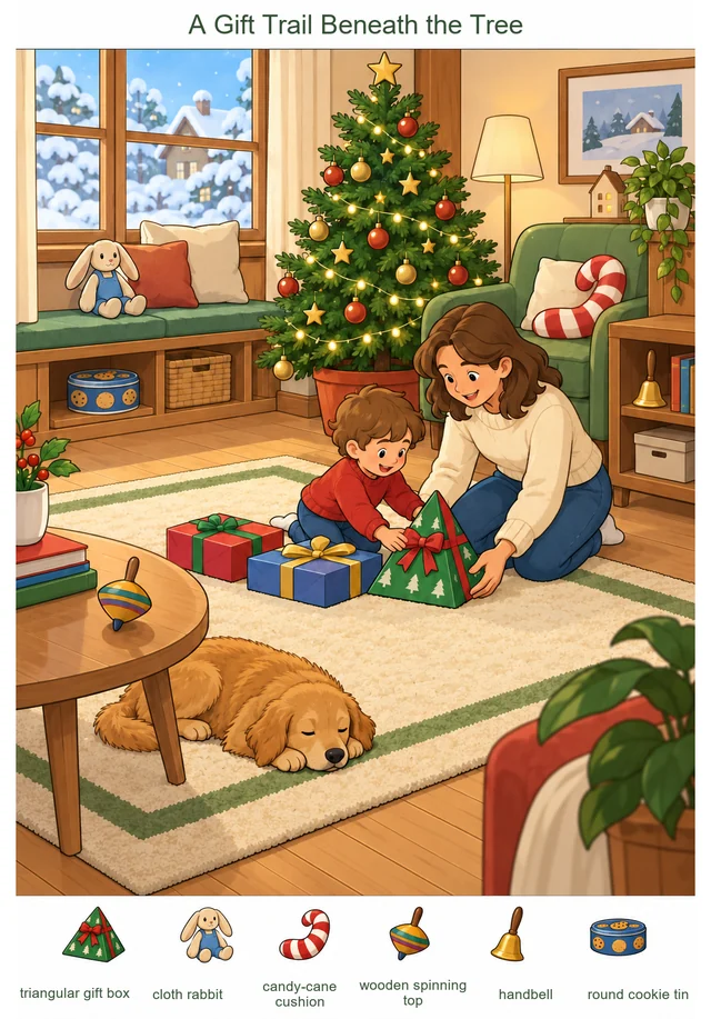 A Gift Trail Beneath the Tree colorful hidden picture puzzle preview