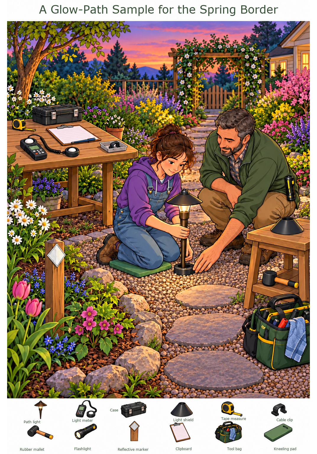 A Glow-Path Sample for the Spring Border – full-color hidden picture puzzle with 12 objects to find
