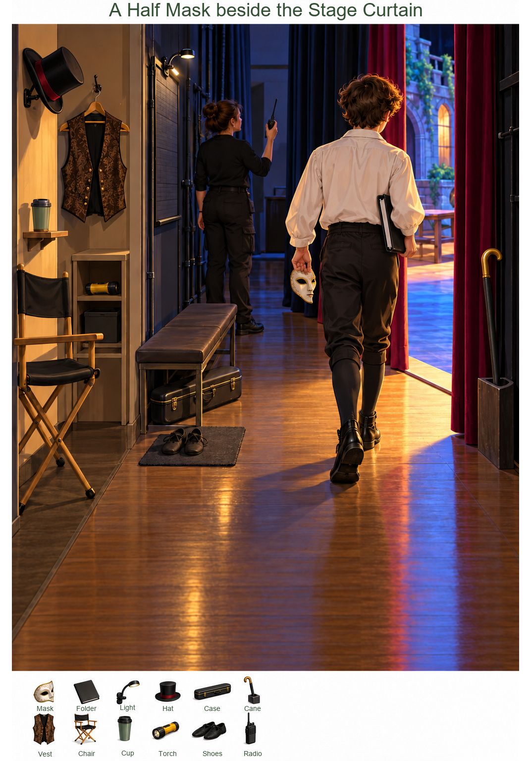 A Half Mask beside the Stage Curtain – full-color hidden picture puzzle with 12 objects to find