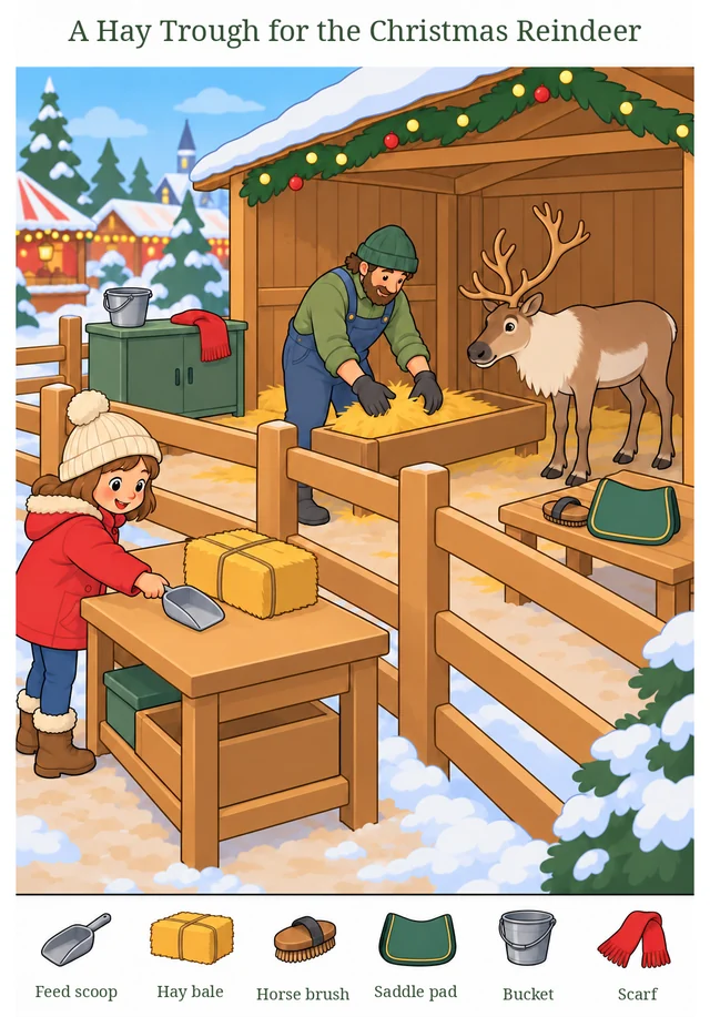 A Hay Trough for the Christmas Reindeer colorful hidden picture puzzle preview