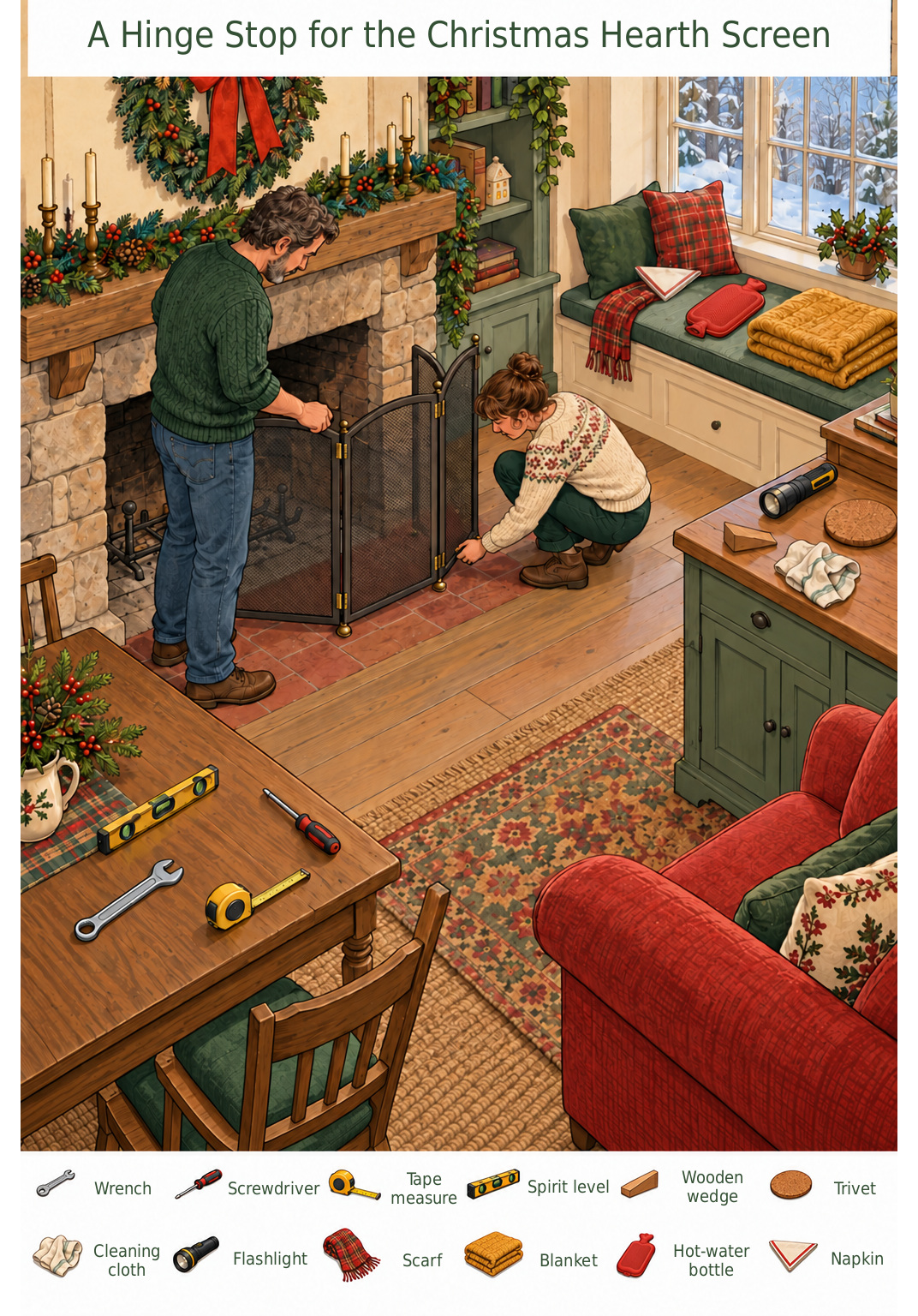 A Hinge Stop for the Christmas Hearth Screen – full-color hidden picture puzzle with 12 objects to find