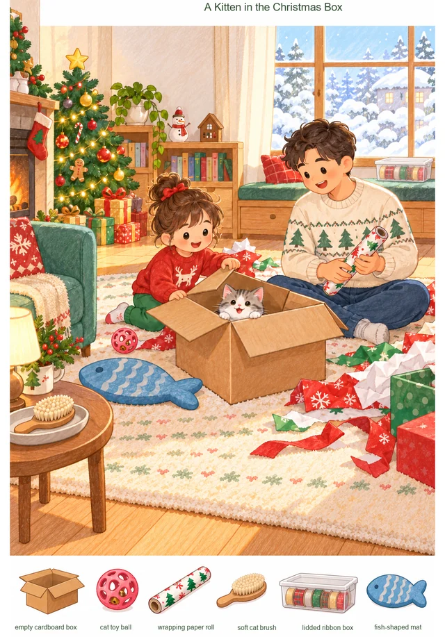 A Kitten in the Christmas Box colorful hidden picture puzzle preview