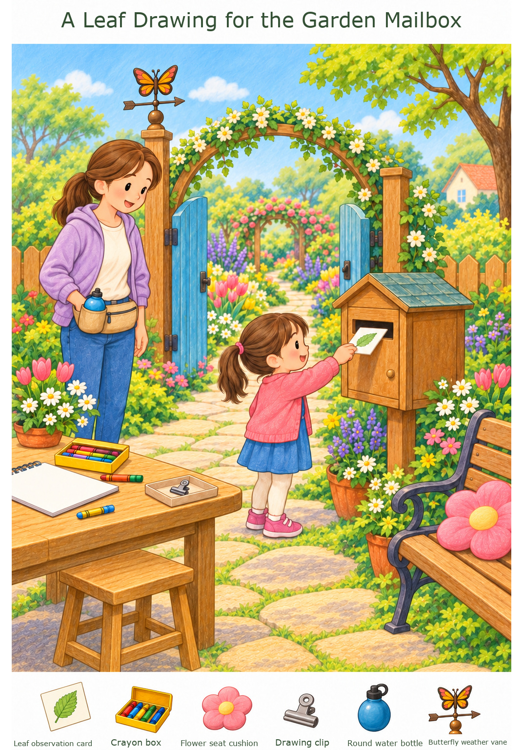 A Leaf Drawing for the Garden Mailbox – full-color hidden picture puzzle with 6 objects to find