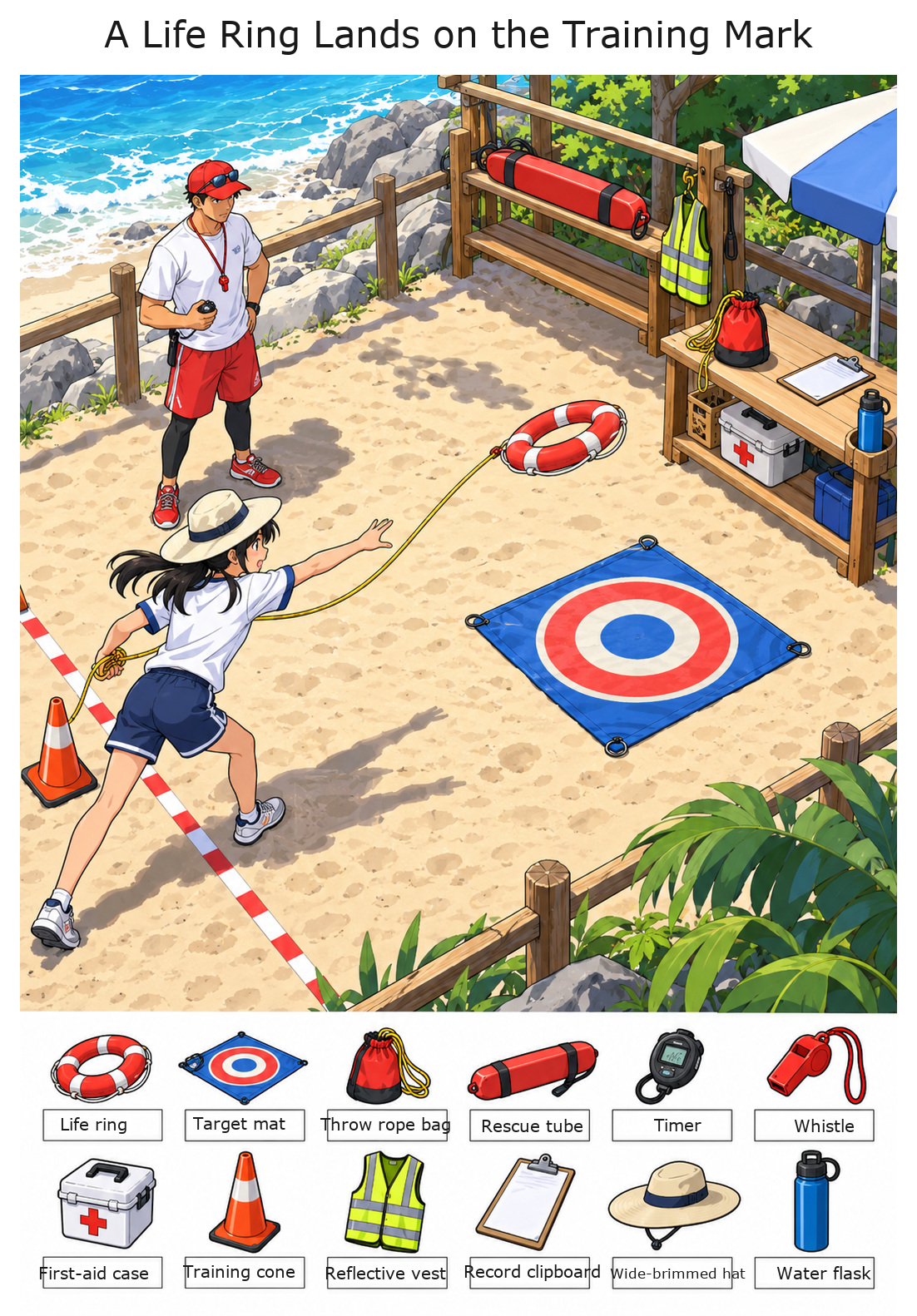 A Life Ring Lands on the Training Mark – full-color hidden picture puzzle with 12 objects to find