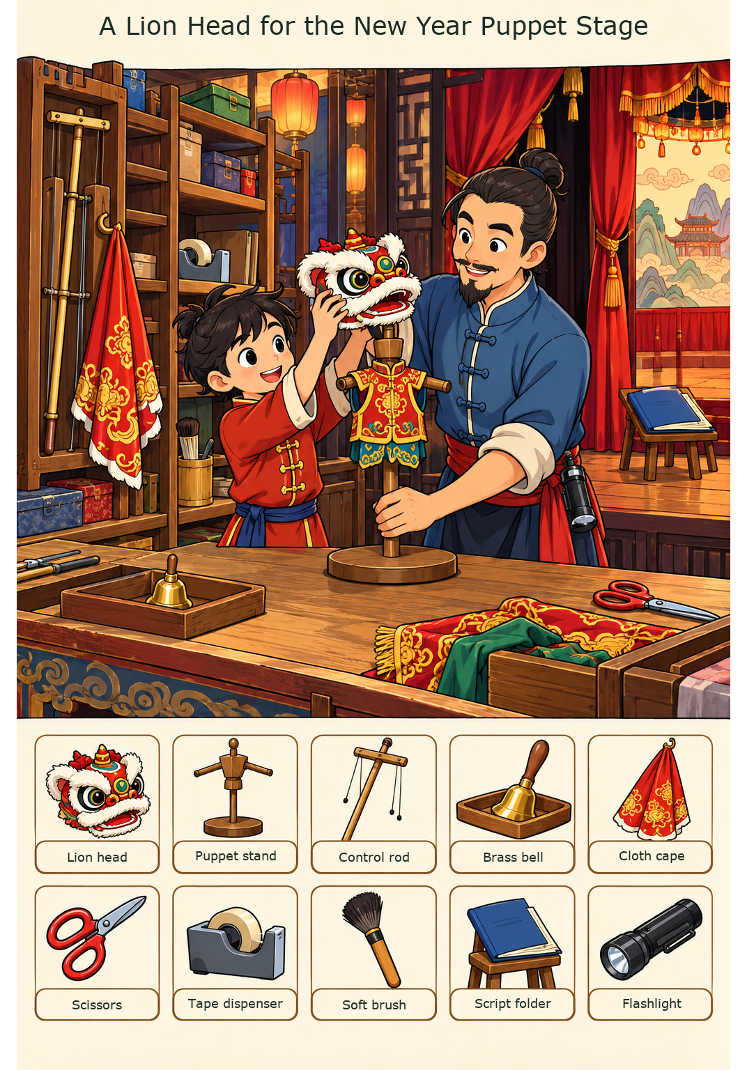 A Lion Head for the New Year Puppet Stage – full-color hidden picture puzzle with 10 objects to find