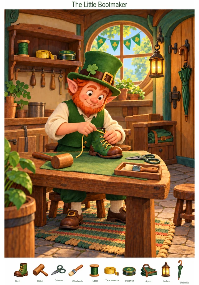 A Little Boot at the Leprechaun Workshop colorful hidden picture puzzle preview