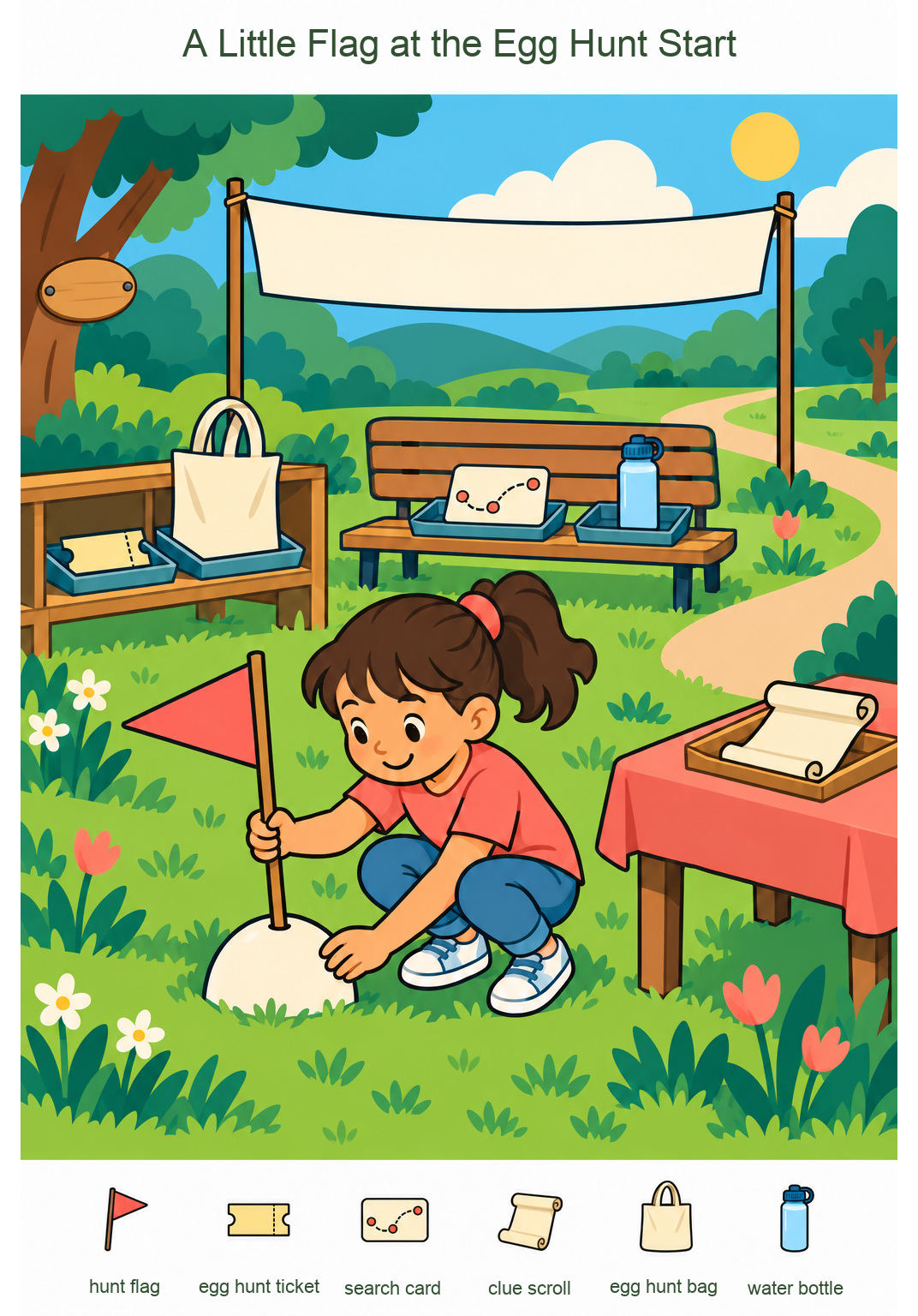 A Little Flag at the Egg Hunt Start – full-color hidden picture puzzle with 6 objects to find