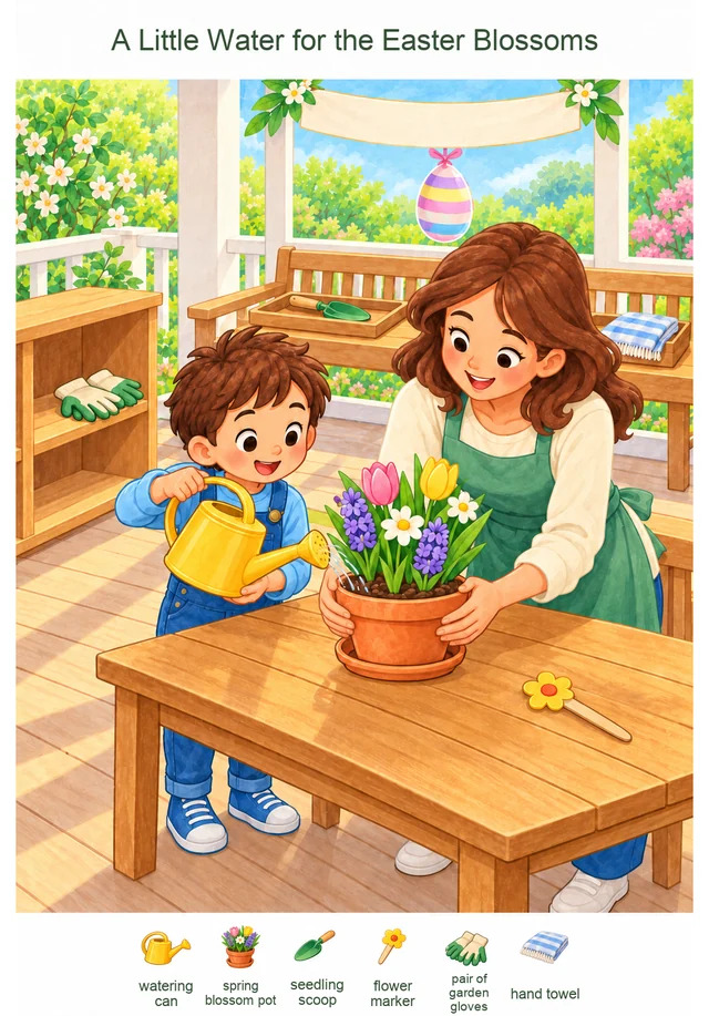 A Little Water for the Easter Blossoms colorful hidden picture puzzle preview