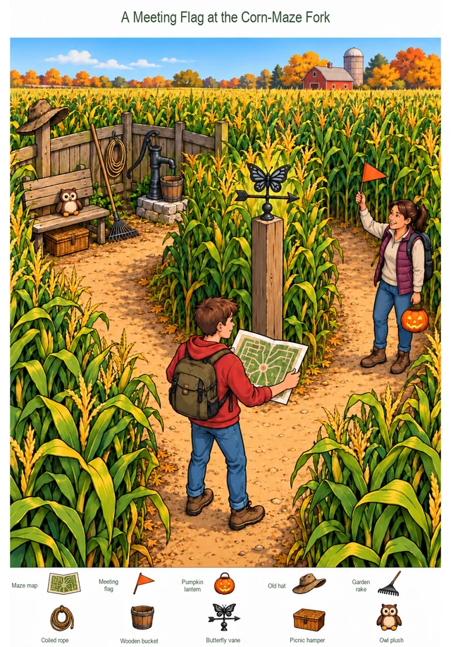 A Meeting Flag at the Corn-Maze Fork colorful hidden picture puzzle preview