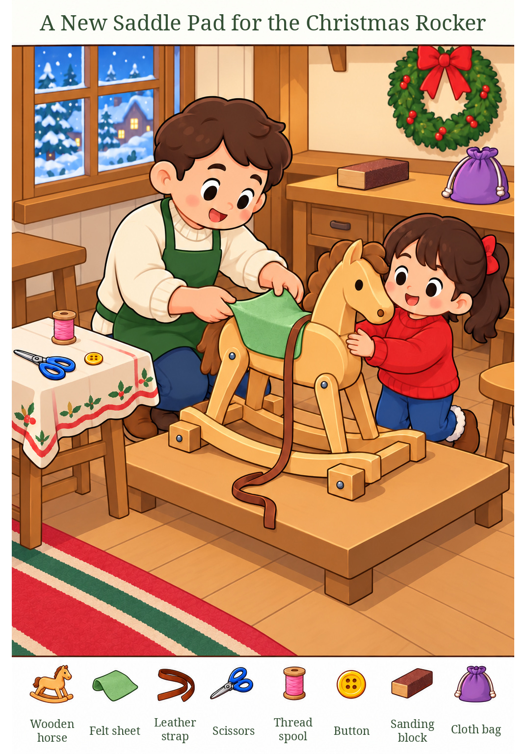 A New Saddle Pad for the Christmas Rocker – full-color hidden picture puzzle with 8 objects to find