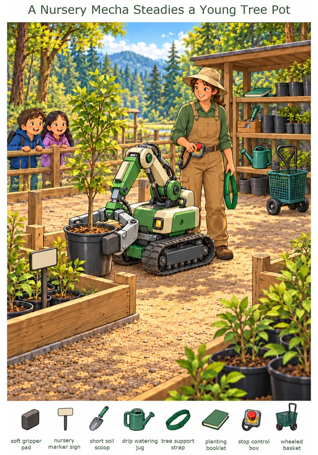 A Nursery Mecha Steadies a Young Tree Pot colorful hidden picture puzzle preview
