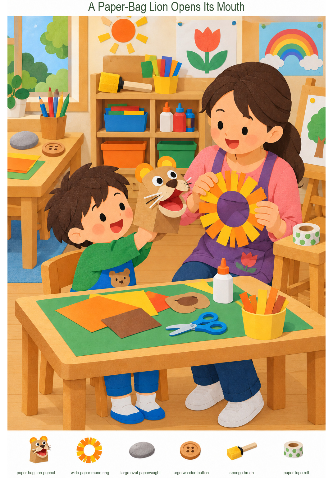 A Paper-Bag Lion Opens Its Mouth – full-color hidden picture puzzle with 6 objects to find