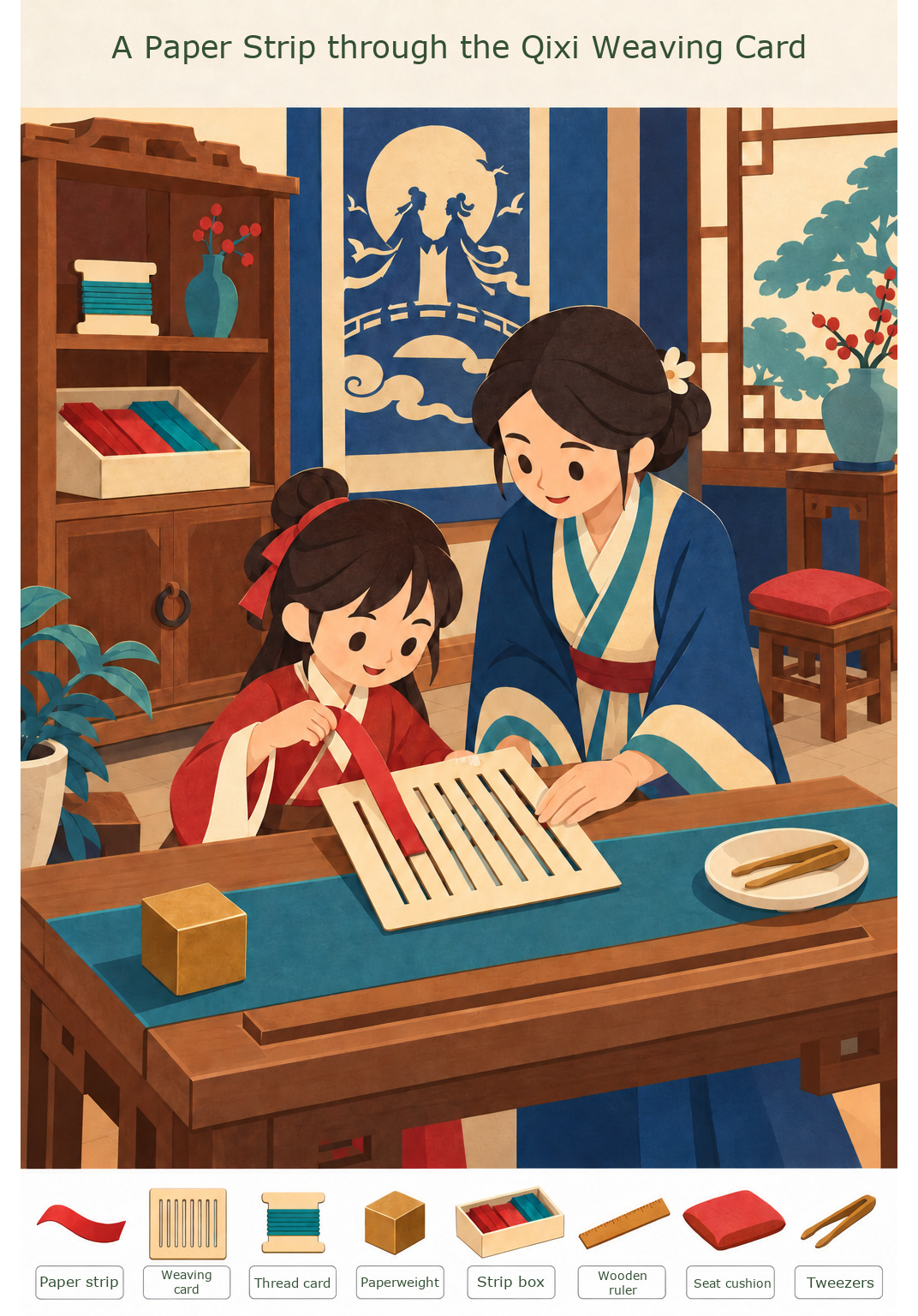 A Paper Strip through the Qixi Weaving Card – full-color hidden picture puzzle with 8 objects to find