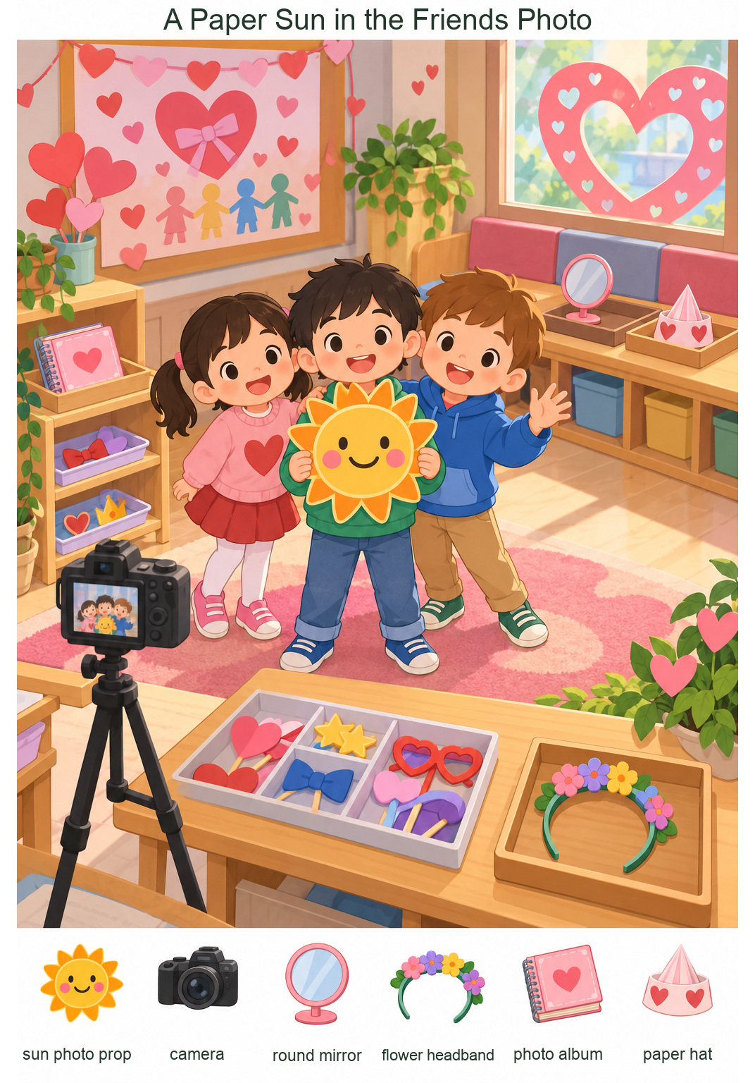 A Paper Sun in the Friends Photo – full-color hidden picture puzzle with 6 objects to find