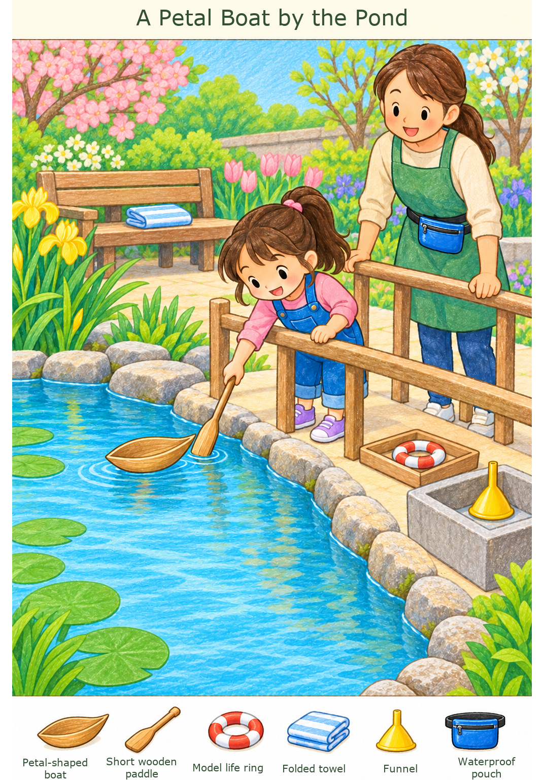 A Petal Boat by the Pond – full-color hidden picture puzzle with 6 objects to find