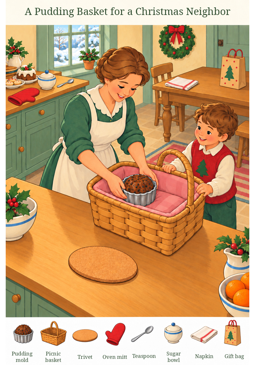 A Pudding Basket for a Christmas Neighbor – full-color hidden picture puzzle with 8 objects to find