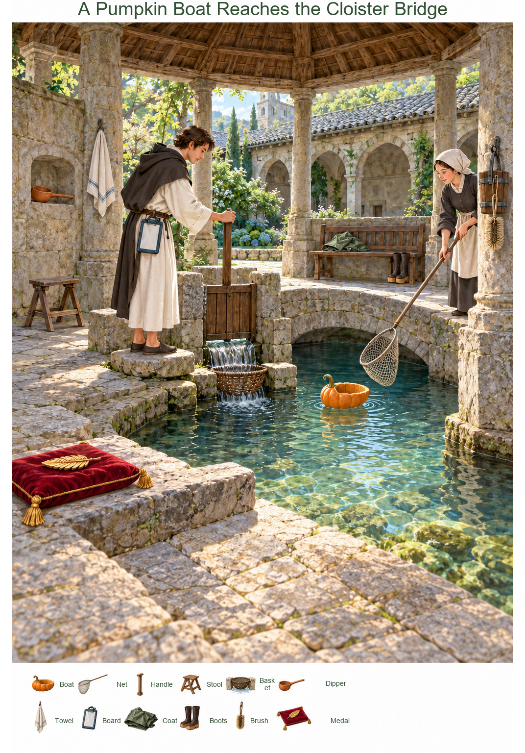 A Pumpkin Boat Reaches the Cloister Bridge – full-color hidden picture puzzle with 12 objects to find