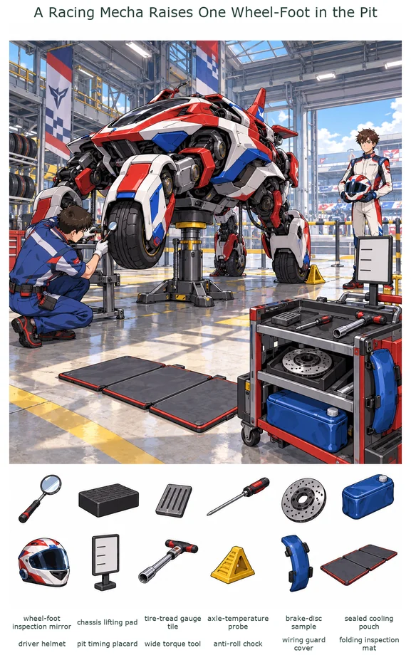A Racing Mecha Raises One Wheel-Foot in the Pit colorful hidden picture puzzle preview