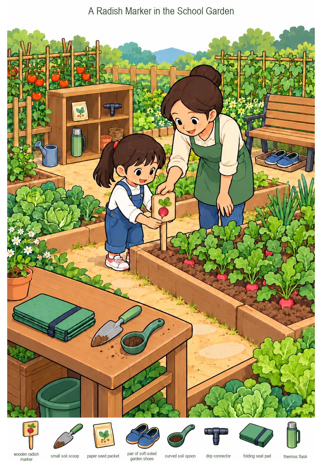 A Radish Marker in the School Garden – full-color hidden picture puzzle with 8 objects to find