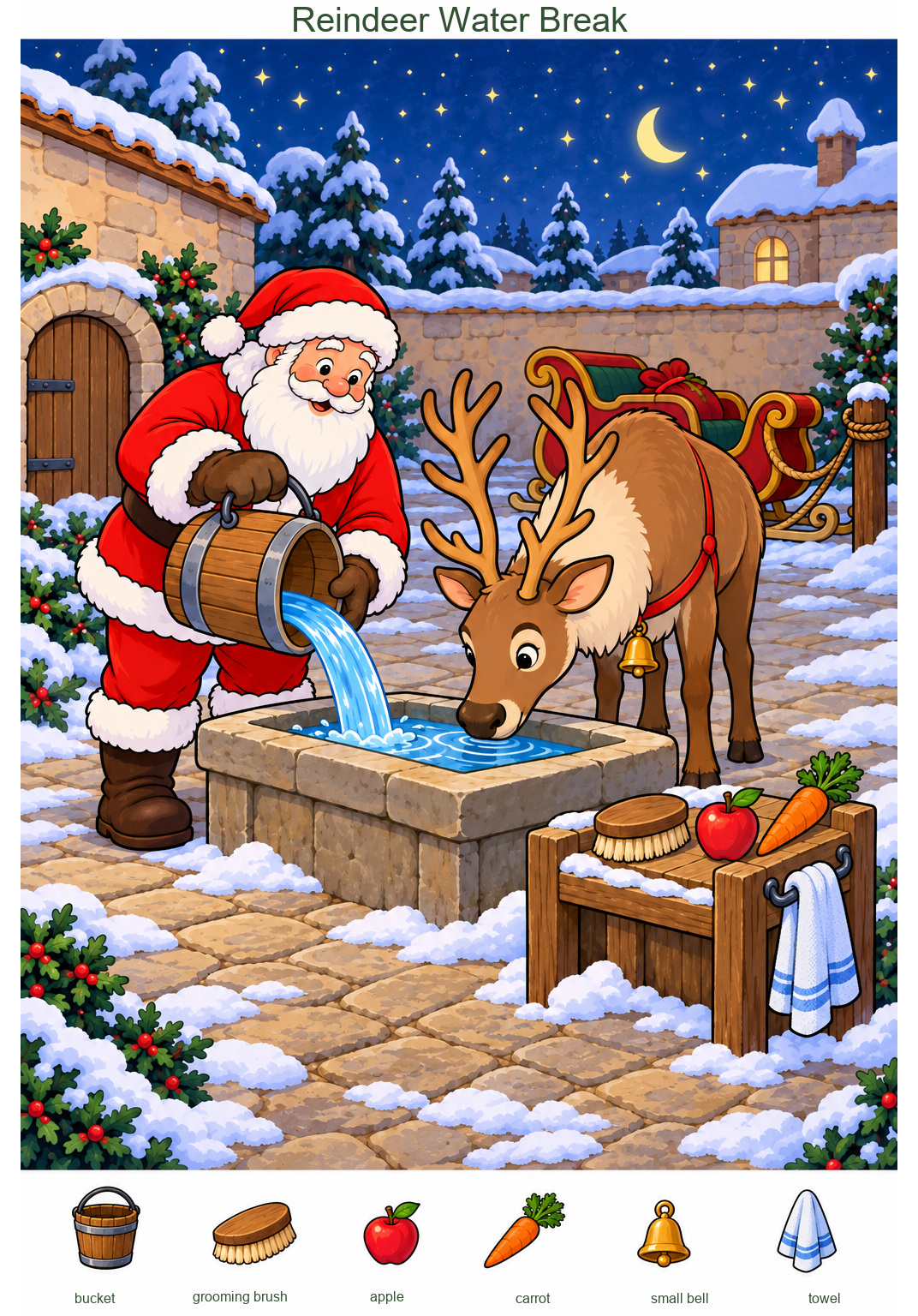 A Reindeer Water Break on Christmas Eve – full-color hidden picture puzzle with 6 objects to find
