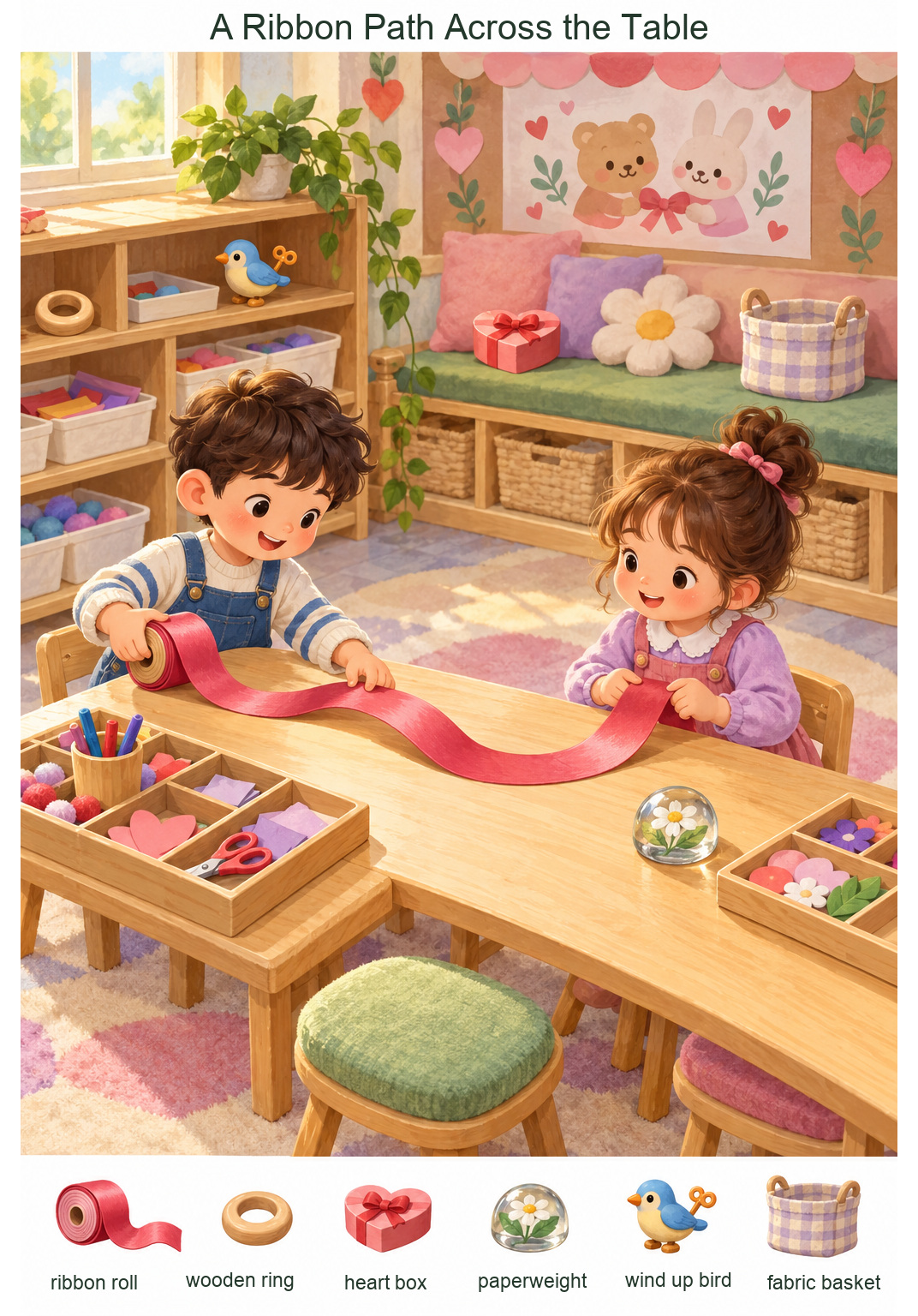 A Ribbon Path Across the Table – full-color hidden picture puzzle with 6 objects to find